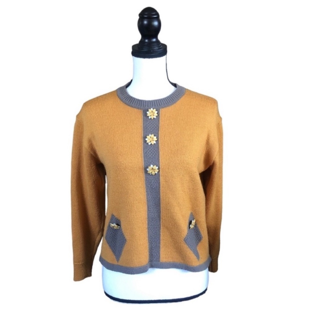 SALE VTG Mustard Yellow Gray Wool Blend Sweater Flower Buttons Japan Retro Mod M